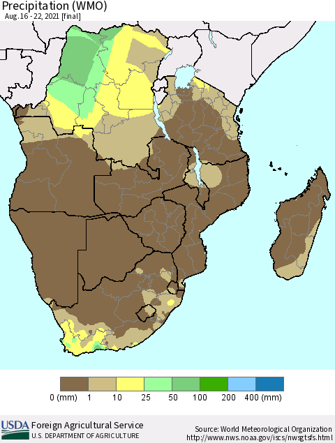Southern Africa Precipitation (WMO) Thematic Map For 8/16/2021 - 8/22/2021