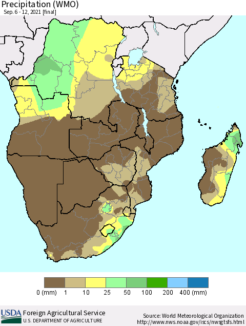 Southern Africa Precipitation (WMO) Thematic Map For 9/6/2021 - 9/12/2021