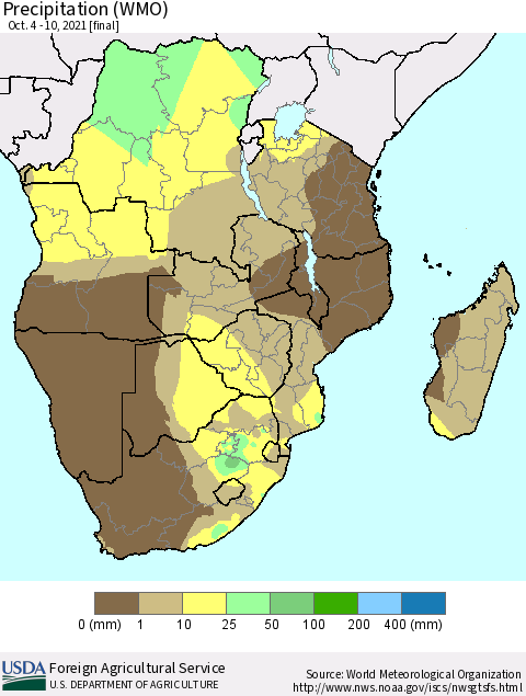 Southern Africa Precipitation (WMO) Thematic Map For 10/4/2021 - 10/10/2021