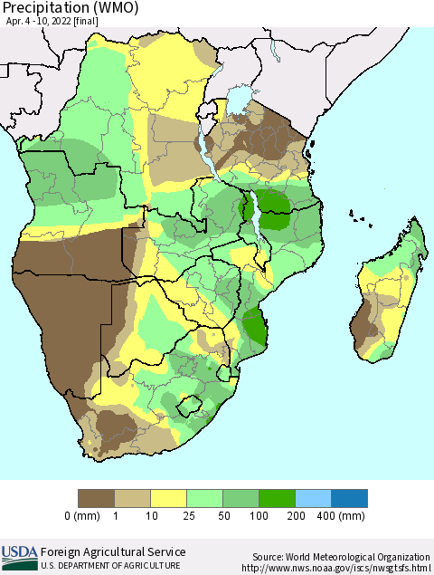 Southern Africa Precipitation (WMO) Thematic Map For 4/4/2022 - 4/10/2022