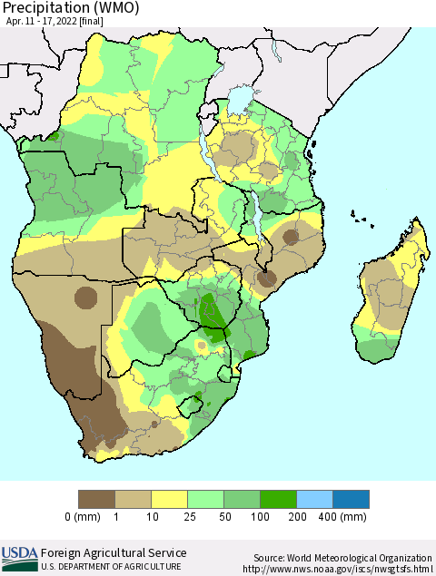 Southern Africa Precipitation (WMO) Thematic Map For 4/11/2022 - 4/17/2022