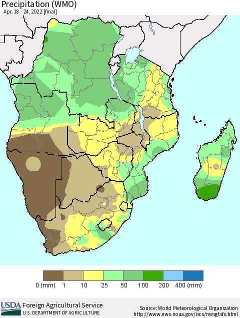 Southern Africa Precipitation (WMO) Thematic Map For 4/18/2022 - 4/24/2022