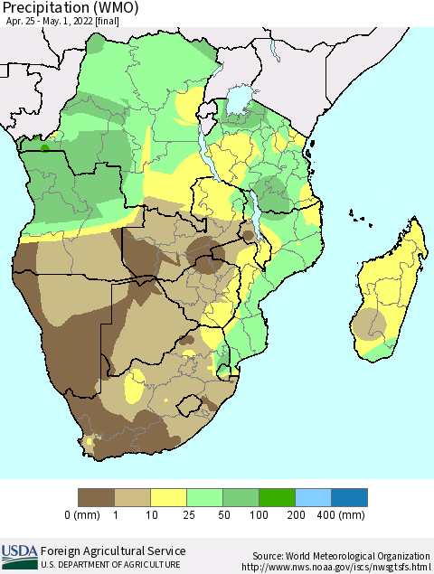 Southern Africa Precipitation (WMO) Thematic Map For 4/25/2022 - 5/1/2022