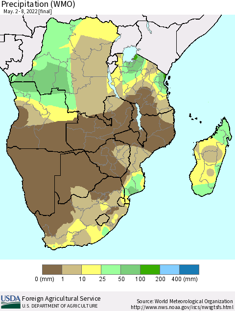 Southern Africa Precipitation (WMO) Thematic Map For 5/2/2022 - 5/8/2022