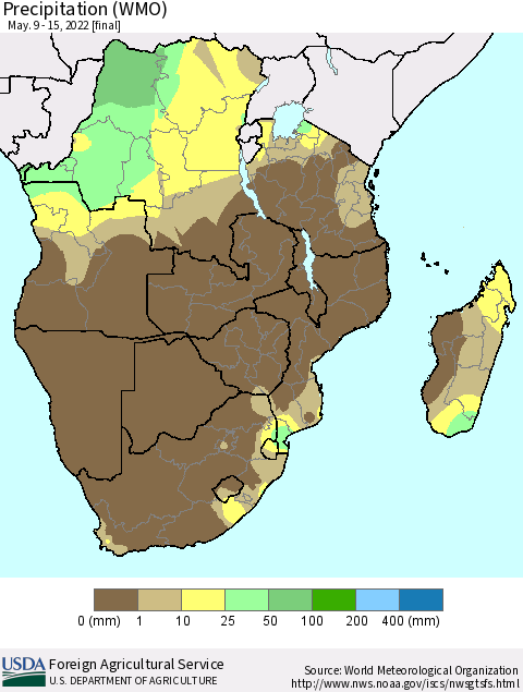 Southern Africa Precipitation (WMO) Thematic Map For 5/9/2022 - 5/15/2022