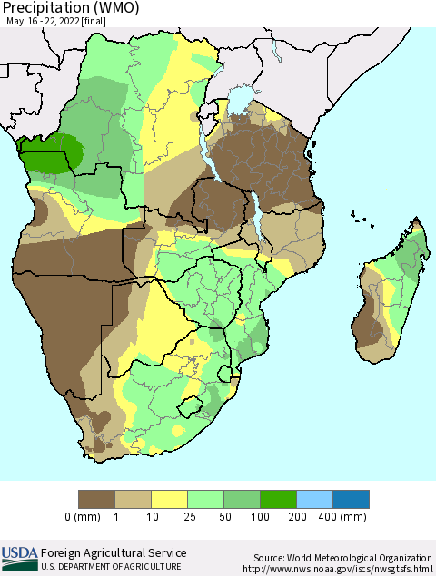 Southern Africa Precipitation (WMO) Thematic Map For 5/16/2022 - 5/22/2022