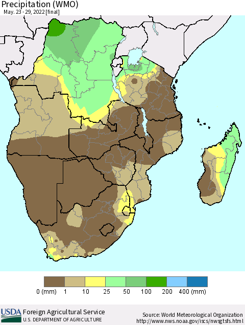 Southern Africa Precipitation (WMO) Thematic Map For 5/23/2022 - 5/29/2022