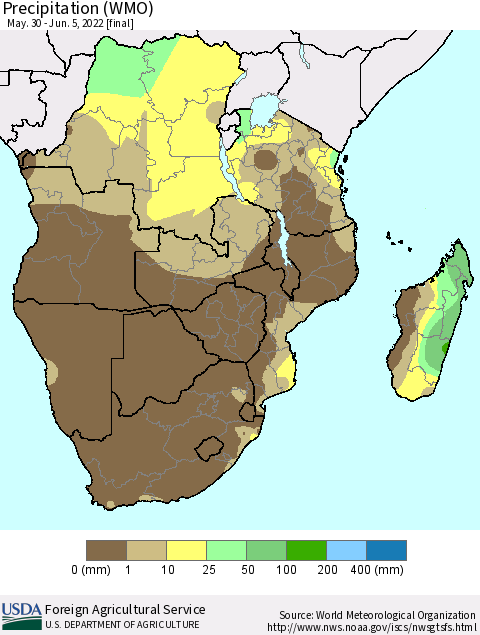 Southern Africa Precipitation (WMO) Thematic Map For 5/30/2022 - 6/5/2022