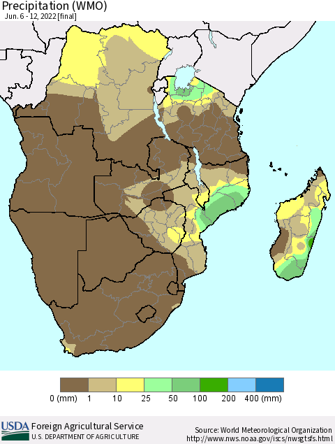 Southern Africa Precipitation (WMO) Thematic Map For 6/6/2022 - 6/12/2022