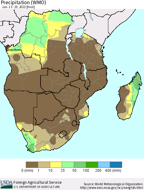 Southern Africa Precipitation (WMO) Thematic Map For 6/13/2022 - 6/19/2022