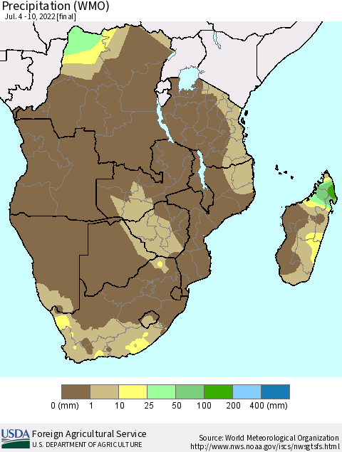 Southern Africa Precipitation (WMO) Thematic Map For 7/4/2022 - 7/10/2022