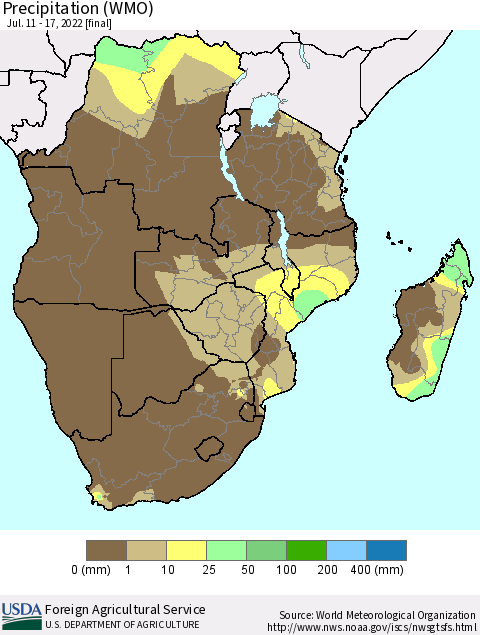 Southern Africa Precipitation (WMO) Thematic Map For 7/11/2022 - 7/17/2022