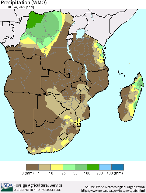 Southern Africa Precipitation (WMO) Thematic Map For 7/18/2022 - 7/24/2022