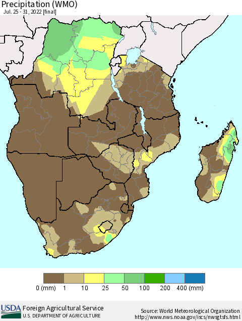 Southern Africa Precipitation (WMO) Thematic Map For 7/25/2022 - 7/31/2022