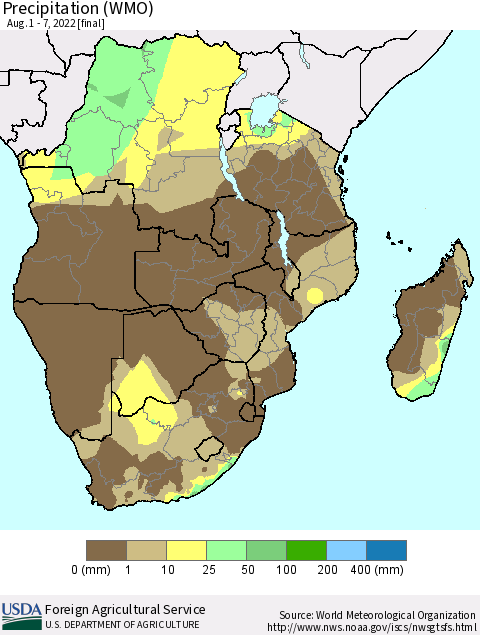 Southern Africa Precipitation (WMO) Thematic Map For 8/1/2022 - 8/7/2022