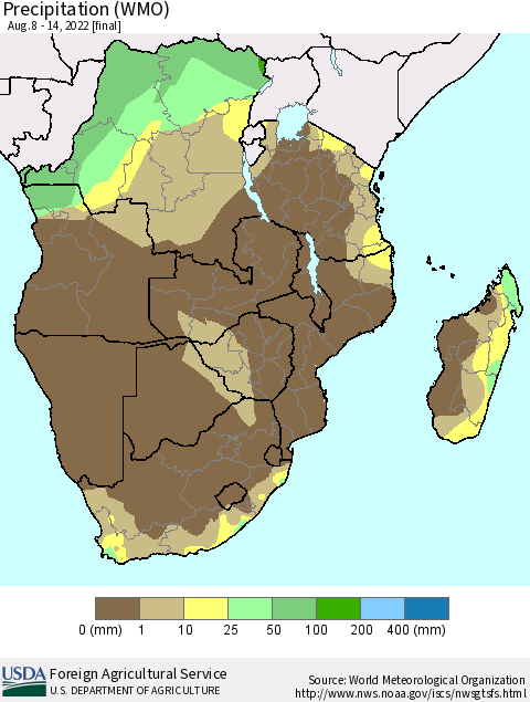 Southern Africa Precipitation (WMO) Thematic Map For 8/8/2022 - 8/14/2022