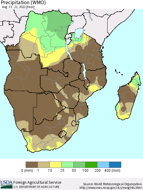 Southern Africa Precipitation (WMO) Thematic Map For 8/15/2022 - 8/21/2022