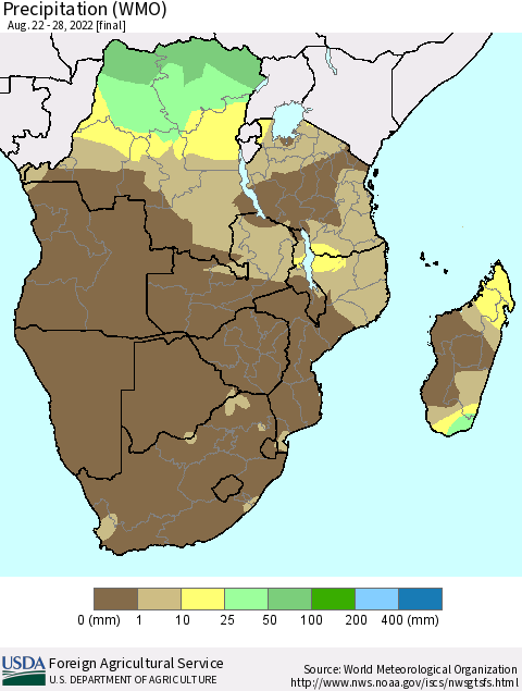 Southern Africa Precipitation (WMO) Thematic Map For 8/22/2022 - 8/28/2022