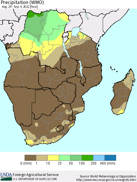Southern Africa Precipitation (WMO) Thematic Map For 8/29/2022 - 9/4/2022