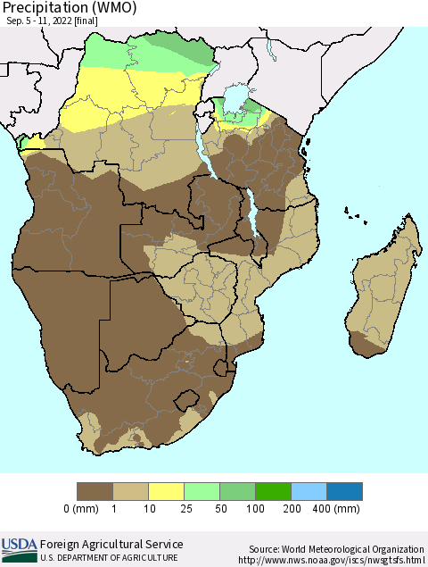 Southern Africa Precipitation (WMO) Thematic Map For 9/5/2022 - 9/11/2022