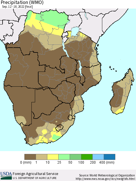 Southern Africa Precipitation (WMO) Thematic Map For 9/12/2022 - 9/18/2022