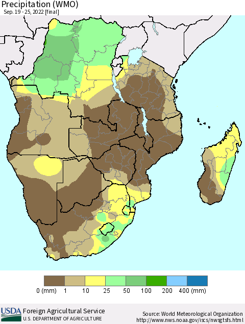 Southern Africa Precipitation (WMO) Thematic Map For 9/19/2022 - 9/25/2022