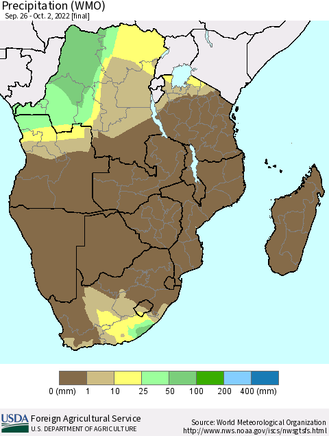 Southern Africa Precipitation (WMO) Thematic Map For 9/26/2022 - 10/2/2022