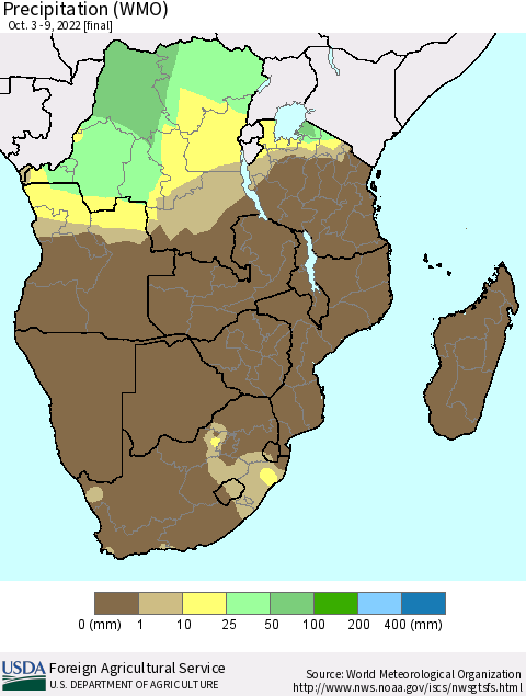 Southern Africa Precipitation (WMO) Thematic Map For 10/3/2022 - 10/9/2022