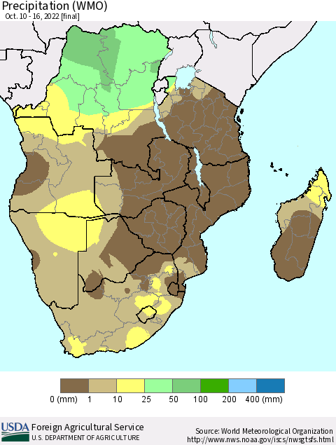 Southern Africa Precipitation (WMO) Thematic Map For 10/10/2022 - 10/16/2022