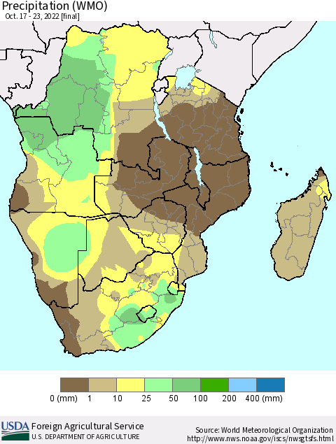 Southern Africa Precipitation (WMO) Thematic Map For 10/17/2022 - 10/23/2022