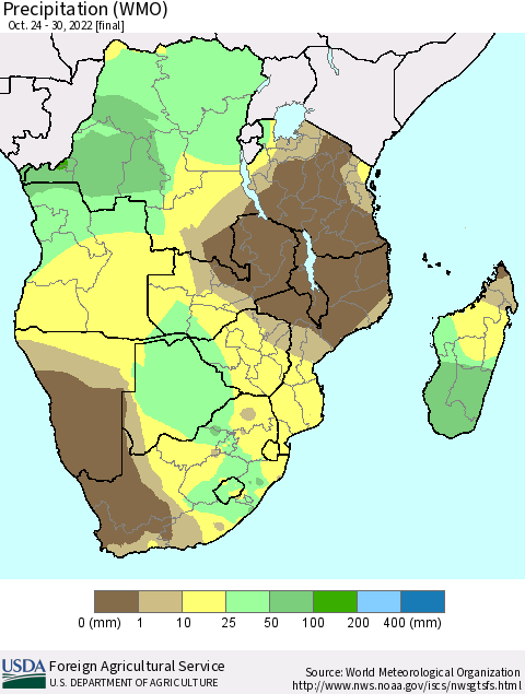 Southern Africa Precipitation (WMO) Thematic Map For 10/24/2022 - 10/30/2022