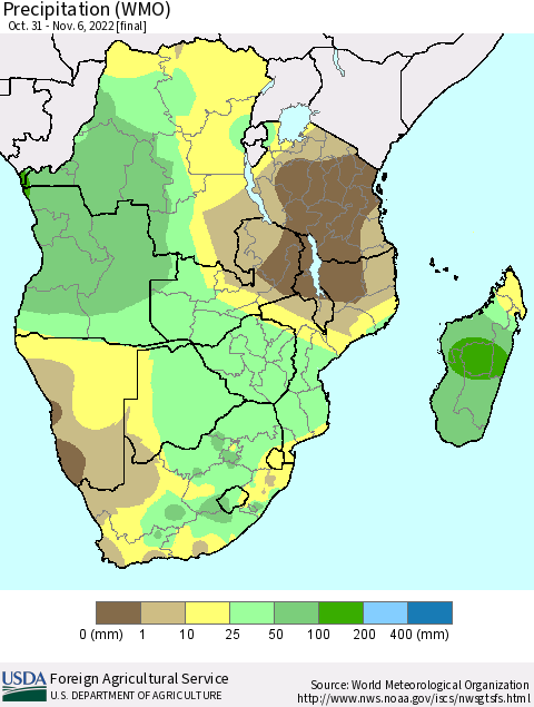Southern Africa Precipitation (WMO) Thematic Map For 10/31/2022 - 11/6/2022