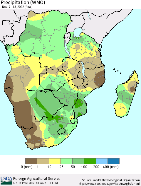 Southern Africa Precipitation (WMO) Thematic Map For 11/7/2022 - 11/13/2022