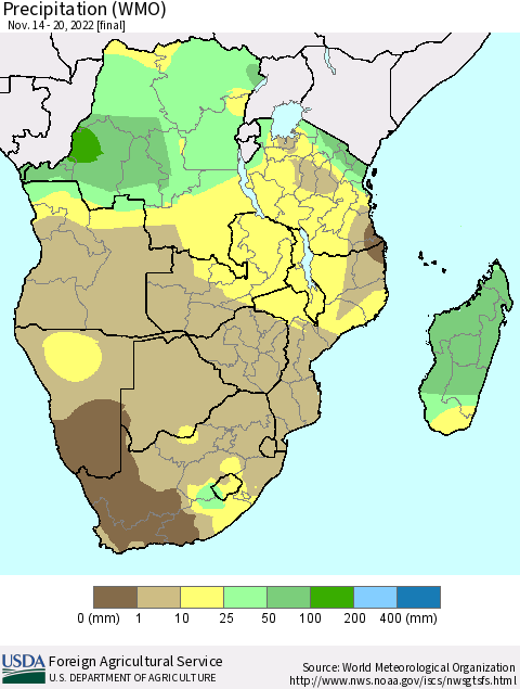 Southern Africa Precipitation (WMO) Thematic Map For 11/14/2022 - 11/20/2022