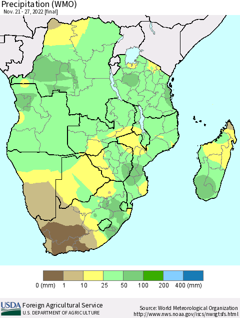 Southern Africa Precipitation (WMO) Thematic Map For 11/21/2022 - 11/27/2022
