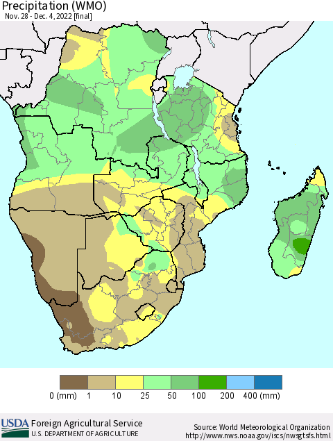 Southern Africa Precipitation (WMO) Thematic Map For 11/28/2022 - 12/4/2022