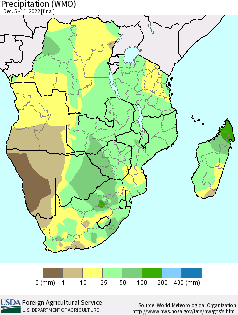 Southern Africa Precipitation (WMO) Thematic Map For 12/5/2022 - 12/11/2022