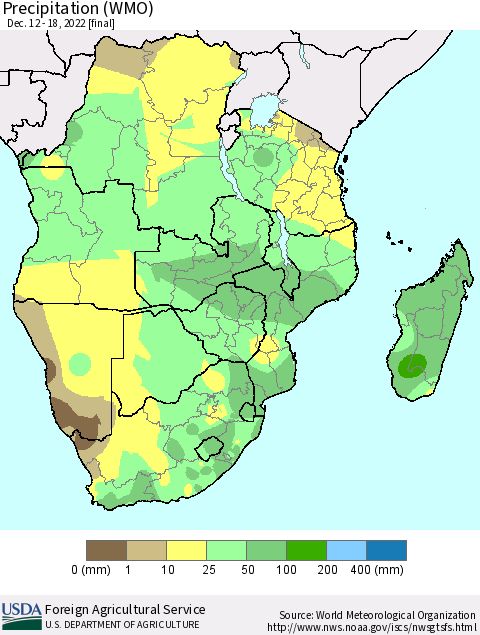 Southern Africa Precipitation (WMO) Thematic Map For 12/12/2022 - 12/18/2022