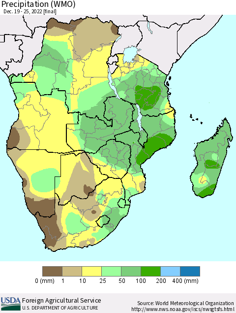 Southern Africa Precipitation (WMO) Thematic Map For 12/19/2022 - 12/25/2022