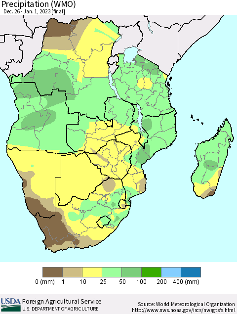 Southern Africa Precipitation (WMO) Thematic Map For 12/26/2022 - 1/1/2023