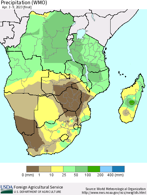 Southern Africa Precipitation (WMO) Thematic Map For 4/3/2023 - 4/9/2023