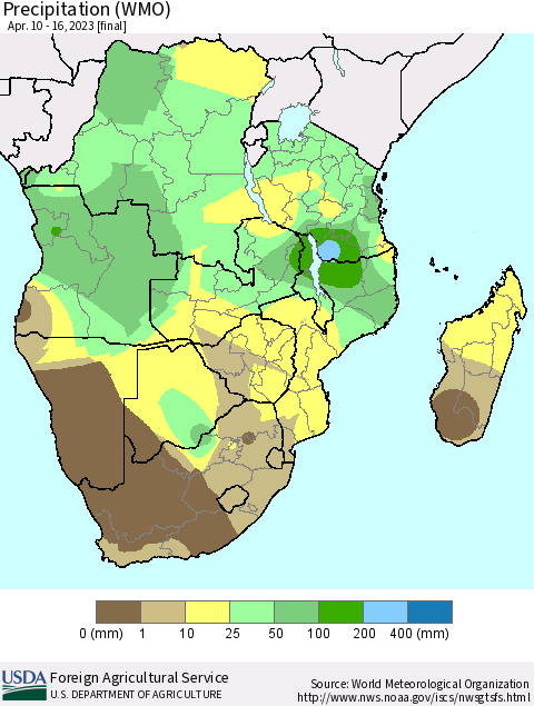 Southern Africa Precipitation (WMO) Thematic Map For 4/10/2023 - 4/16/2023