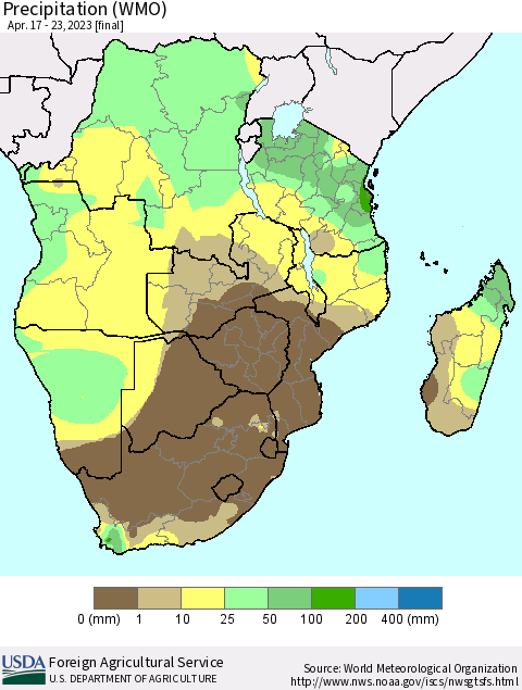 Southern Africa Precipitation (WMO) Thematic Map For 4/17/2023 - 4/23/2023