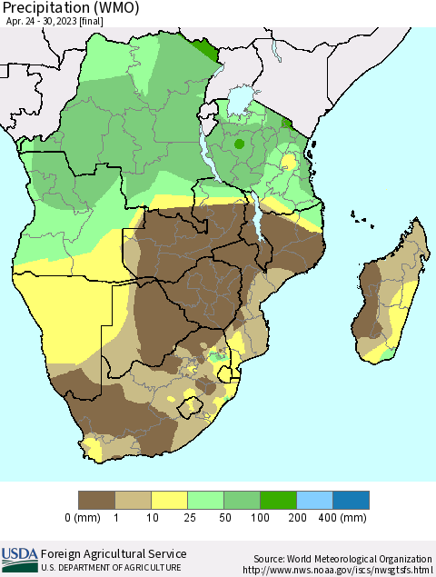 Southern Africa Precipitation (WMO) Thematic Map For 4/24/2023 - 4/30/2023