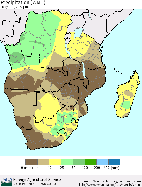 Southern Africa Precipitation (WMO) Thematic Map For 5/1/2023 - 5/7/2023