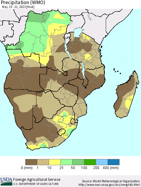Southern Africa Precipitation (WMO) Thematic Map For 5/15/2023 - 5/21/2023