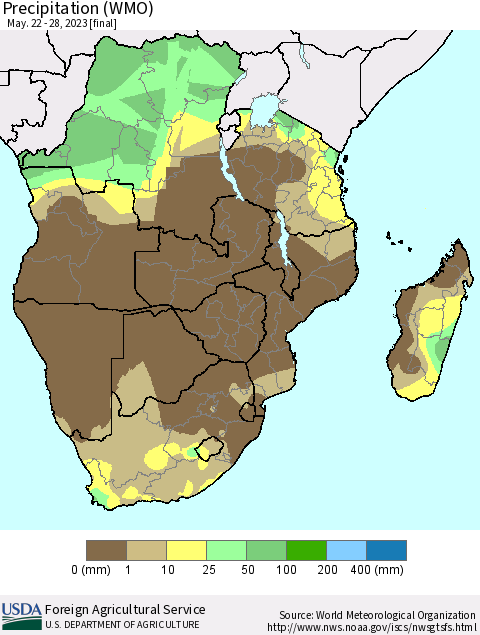 Southern Africa Precipitation (WMO) Thematic Map For 5/22/2023 - 5/28/2023