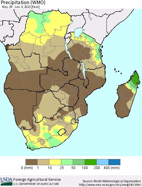 Southern Africa Precipitation (WMO) Thematic Map For 5/29/2023 - 6/4/2023