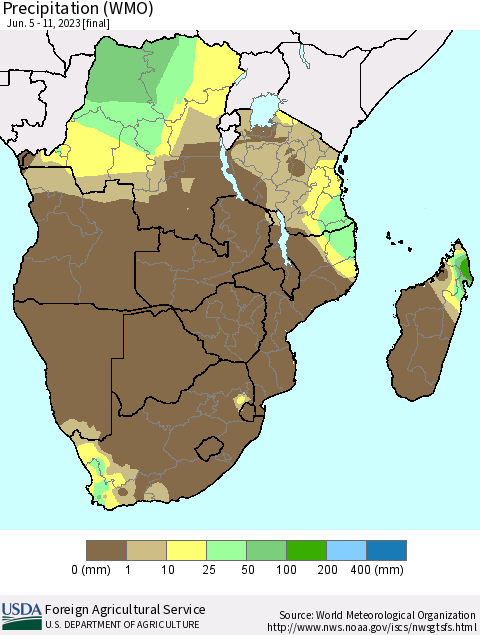 Southern Africa Precipitation (WMO) Thematic Map For 6/5/2023 - 6/11/2023