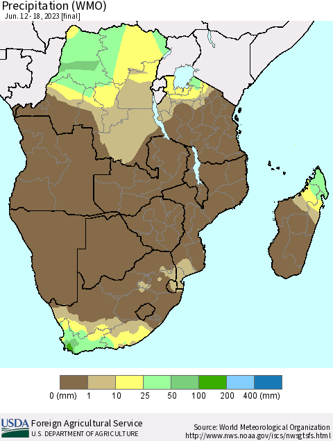 Southern Africa Precipitation (WMO) Thematic Map For 6/12/2023 - 6/18/2023